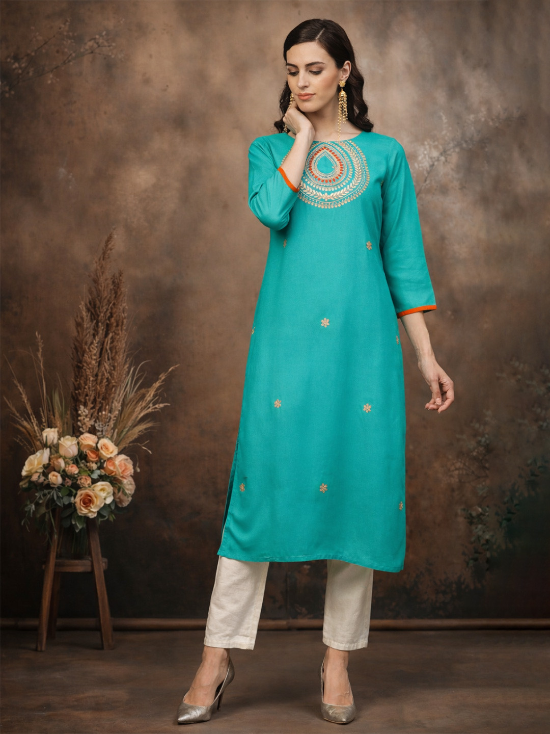 Geroo Jaipur Green Hand Embroidered Straight Rayon Sustainable Kurta