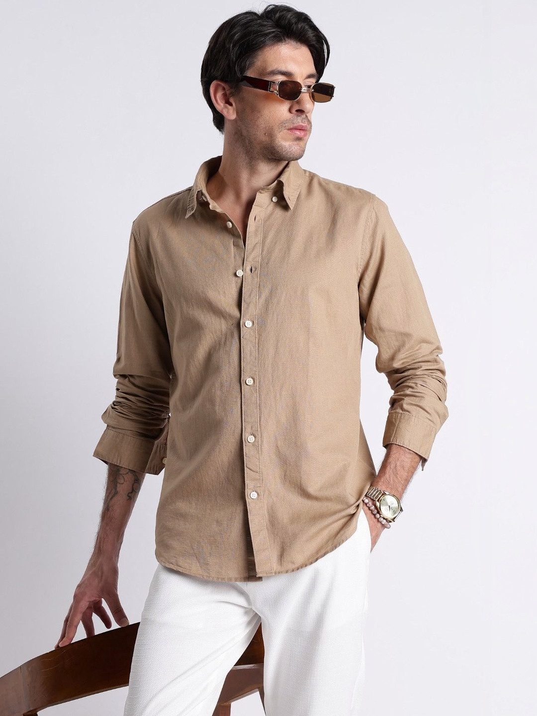 Blu MNKY Slim Fit Long Sleeves Beige Casual Cotton Linen Shirt for Men