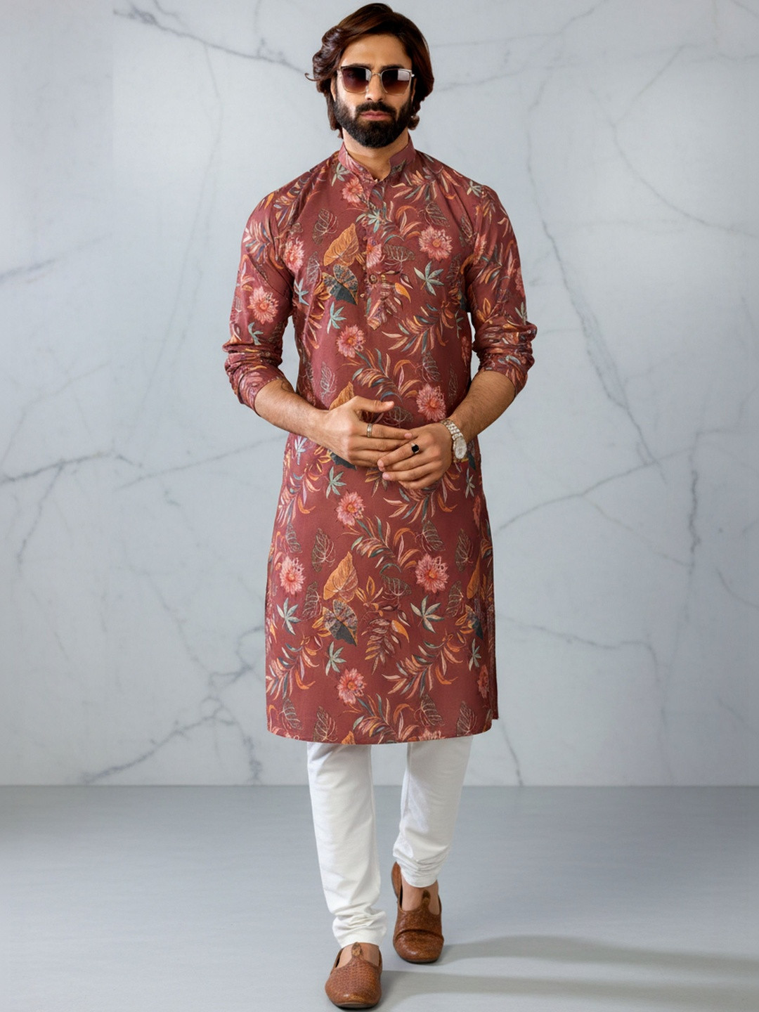 RANGRAAG Men Floral Printed Sequinned Pathani Kurta