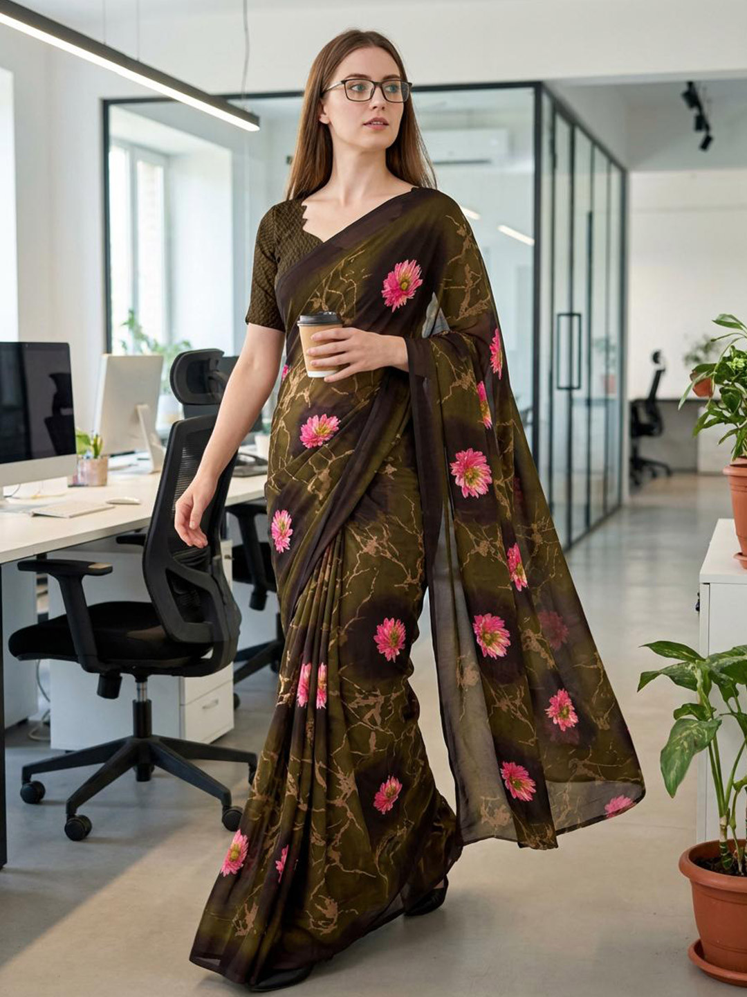 STYLETONE Floral Poly Georgette Designer Saree