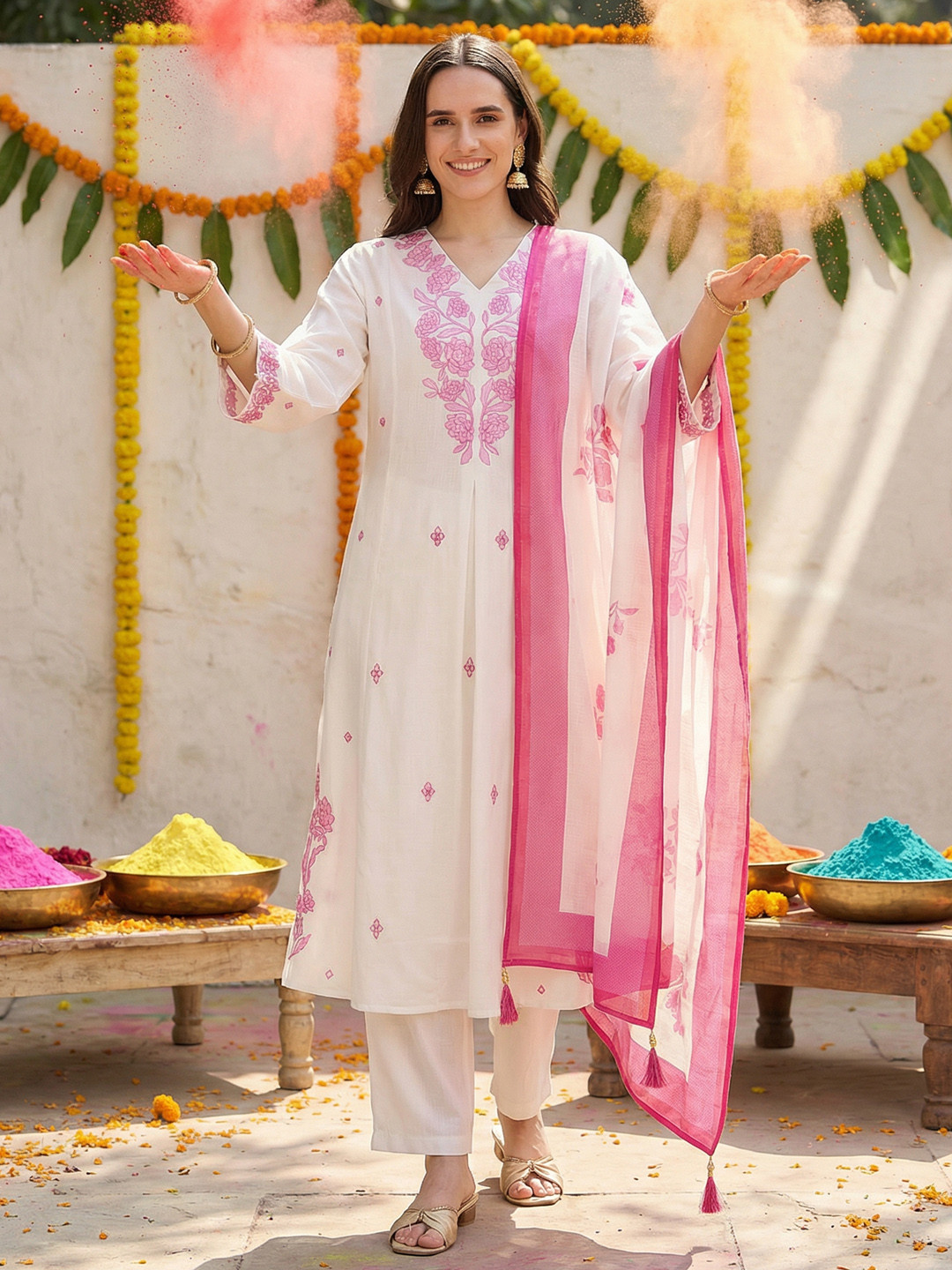 Indo Era Women Floral Embroidered Thread Work Kurta with Trousers & Dupatta