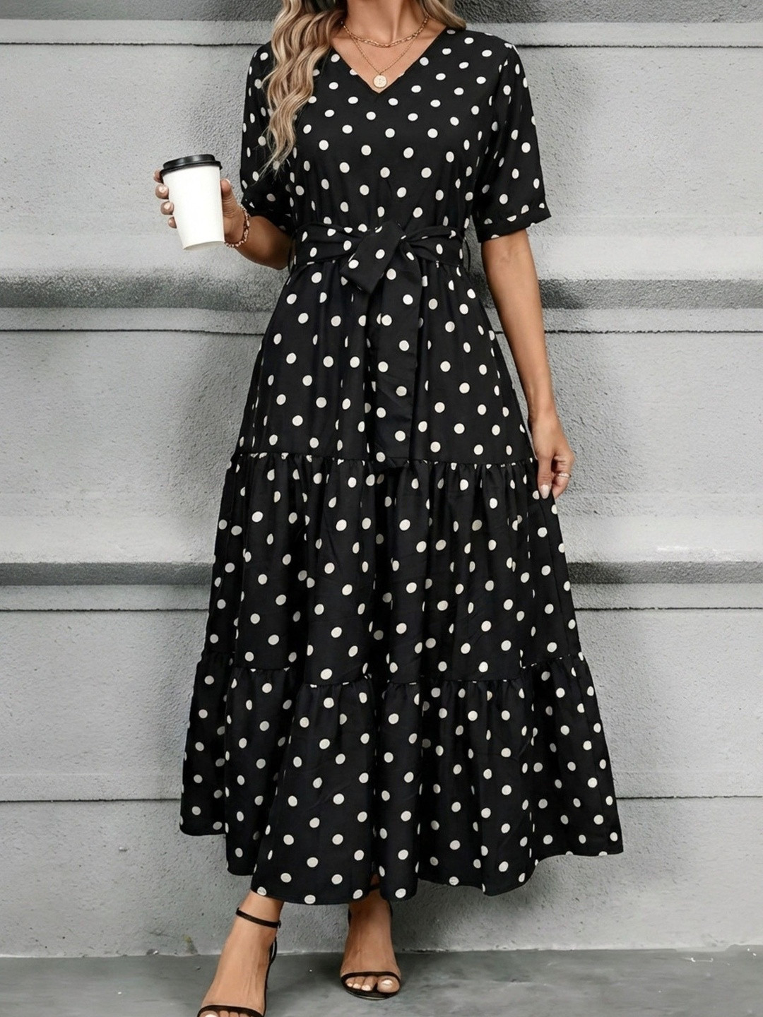 AmorLuxe Polka Dot Print Puff Sleeve Crepe A-Line Maxi Dress