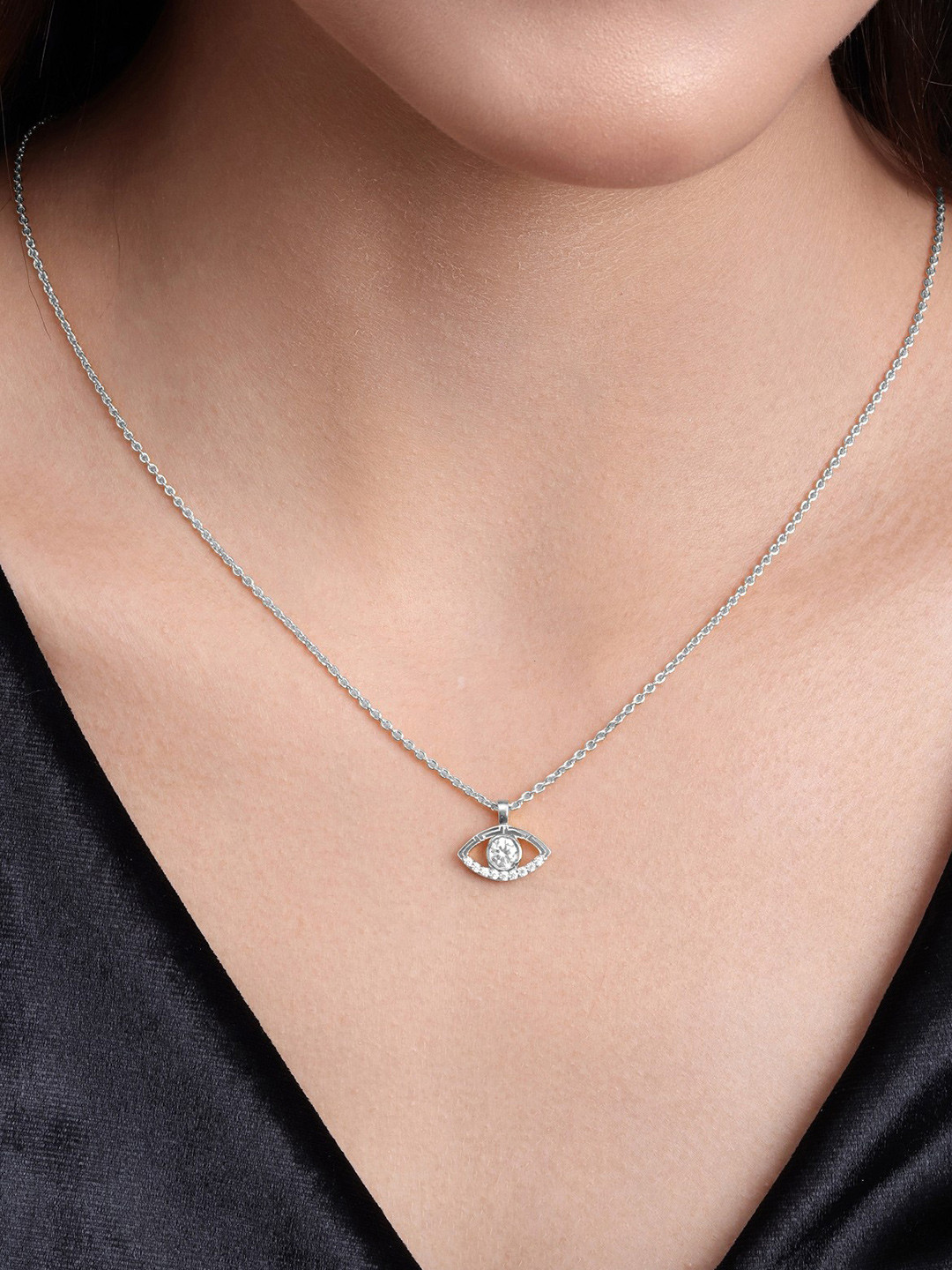 MALENA Silver-Plated Artificial Stones Studded Quirky Pendant With Chain