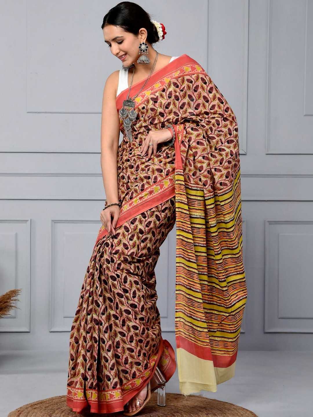 Doria Lifestyle Ethnic Motifs Pure Cotton Block Printed Saree