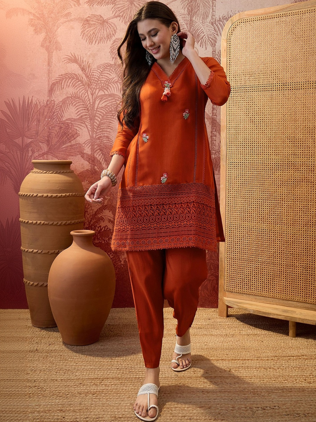 Sangria Embroidered V-Neck Tunic with Trousers
