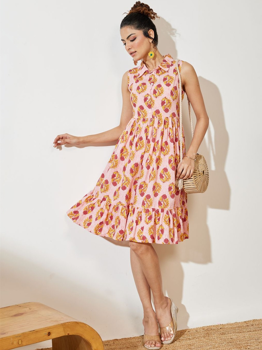 Janasya Women Pink Pure Cotton Floral Printed Fit & Flare Dress