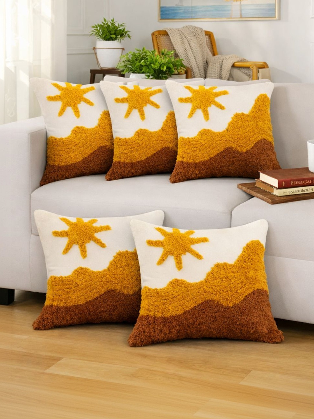 DMAASA Pack of 5 Sun & Mountain Tufted Sofa Cushion Cover