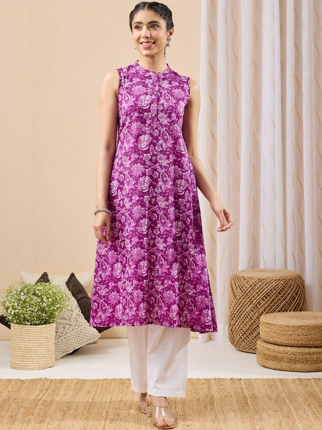 Janasya Floral Printed Band Collar Pure Cotton A-line Kurta