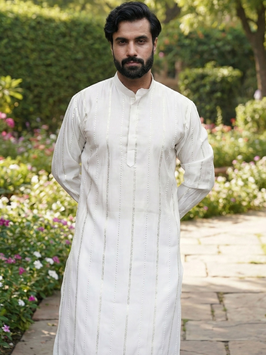 RANGRAAG Men Striped Flared Sleeves Thread Work Anarkali Kurta