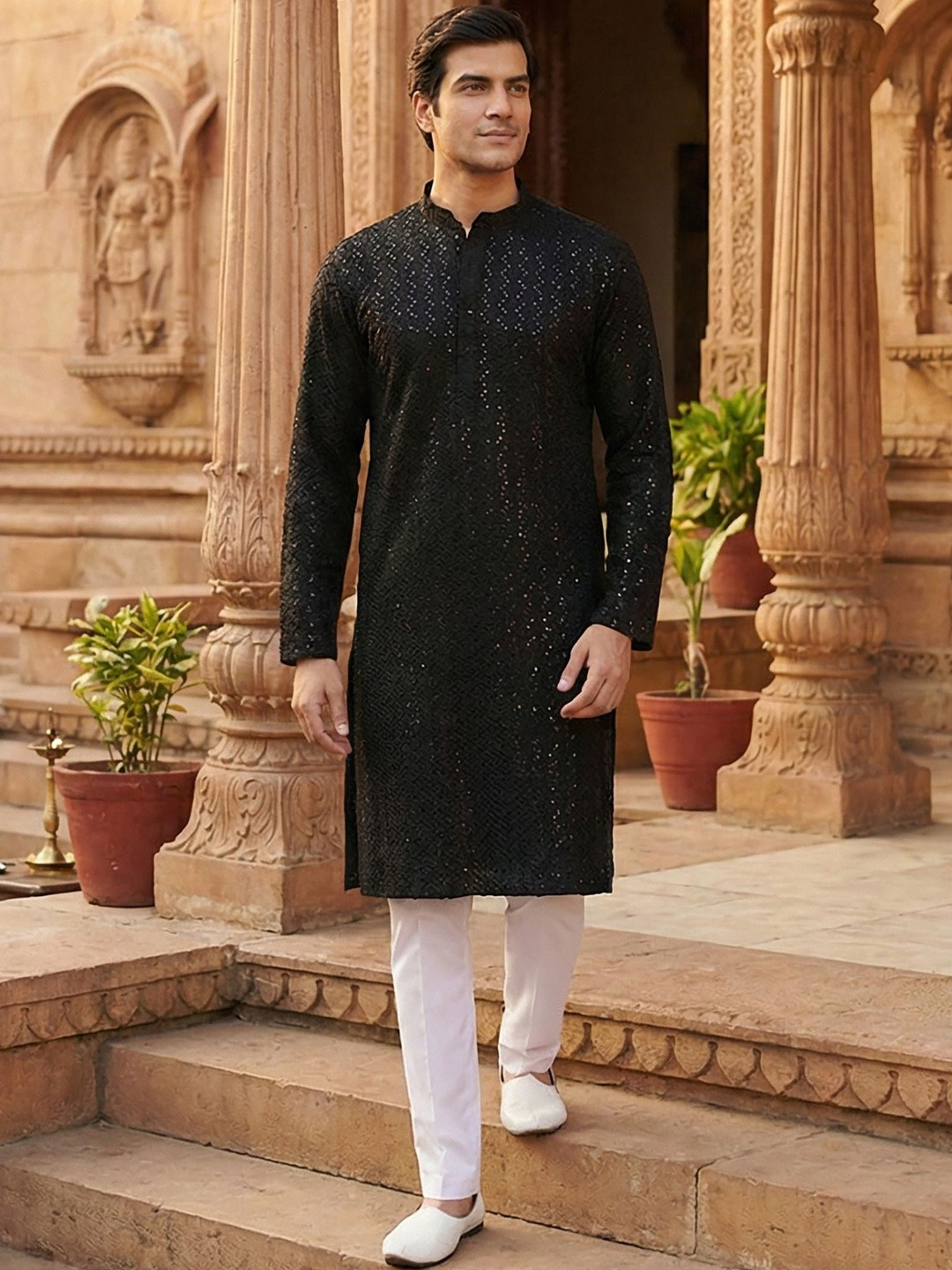 RANGRAAG Men Floral Printed Cold-Shoulder Sleeves Thread Work Kurta