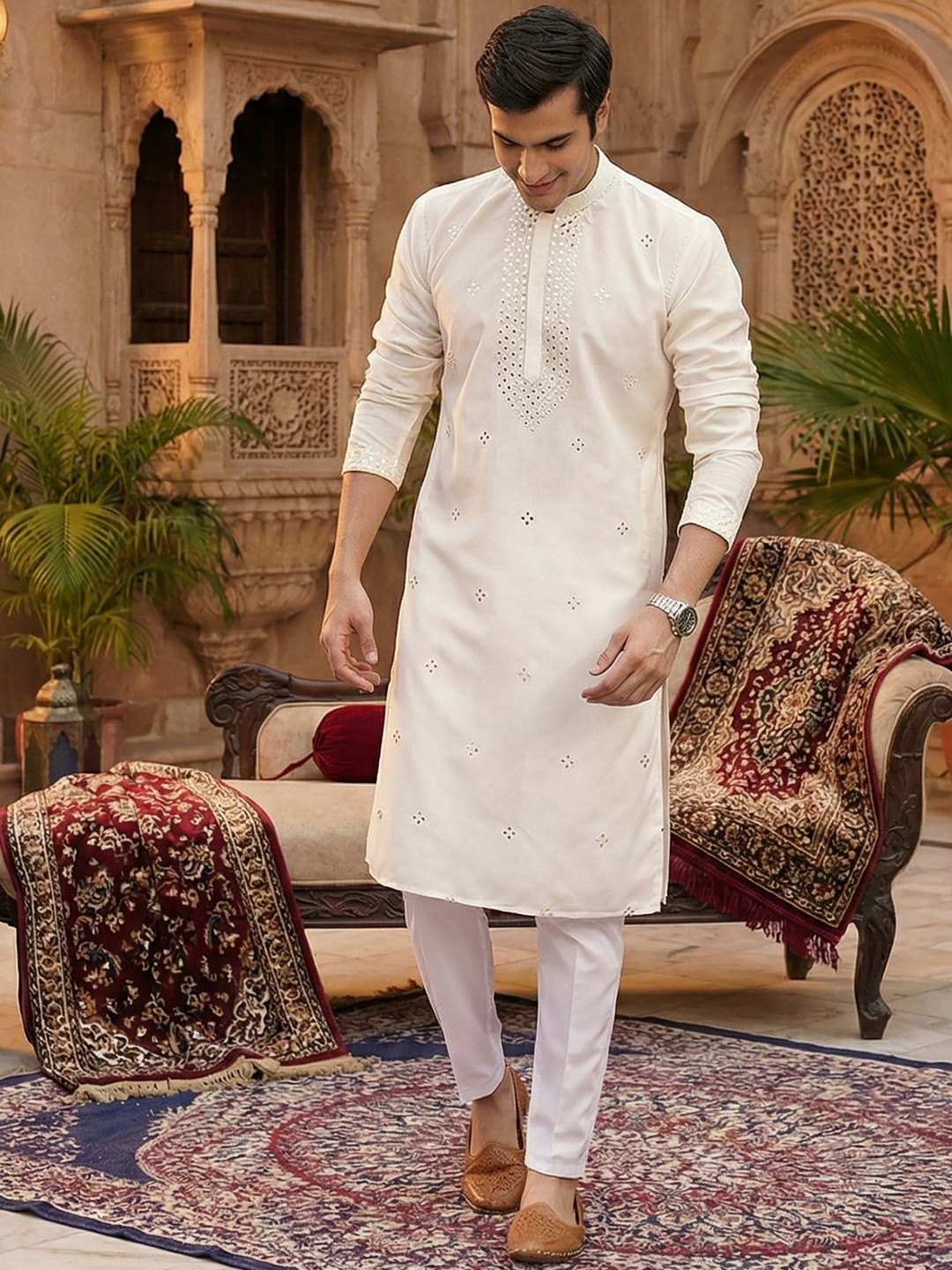 RANGRAAG Men Quirky Embroidered Keyhole Neck Mirror Work Anarkali Kurta