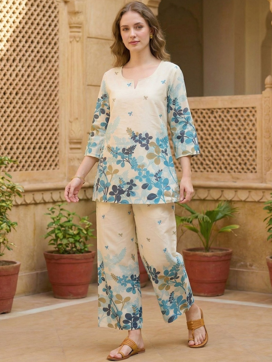 Anouk Women Blue Floral Printed Kurti Palazzo Set Kurta Sets