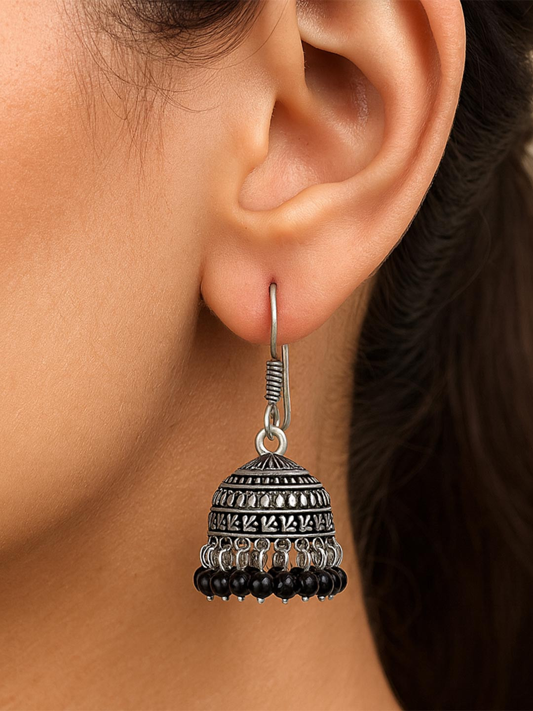 JEWELOPIA Silver-Plated Artificial Beaded Oxidised Dome Shaped Jhumkas