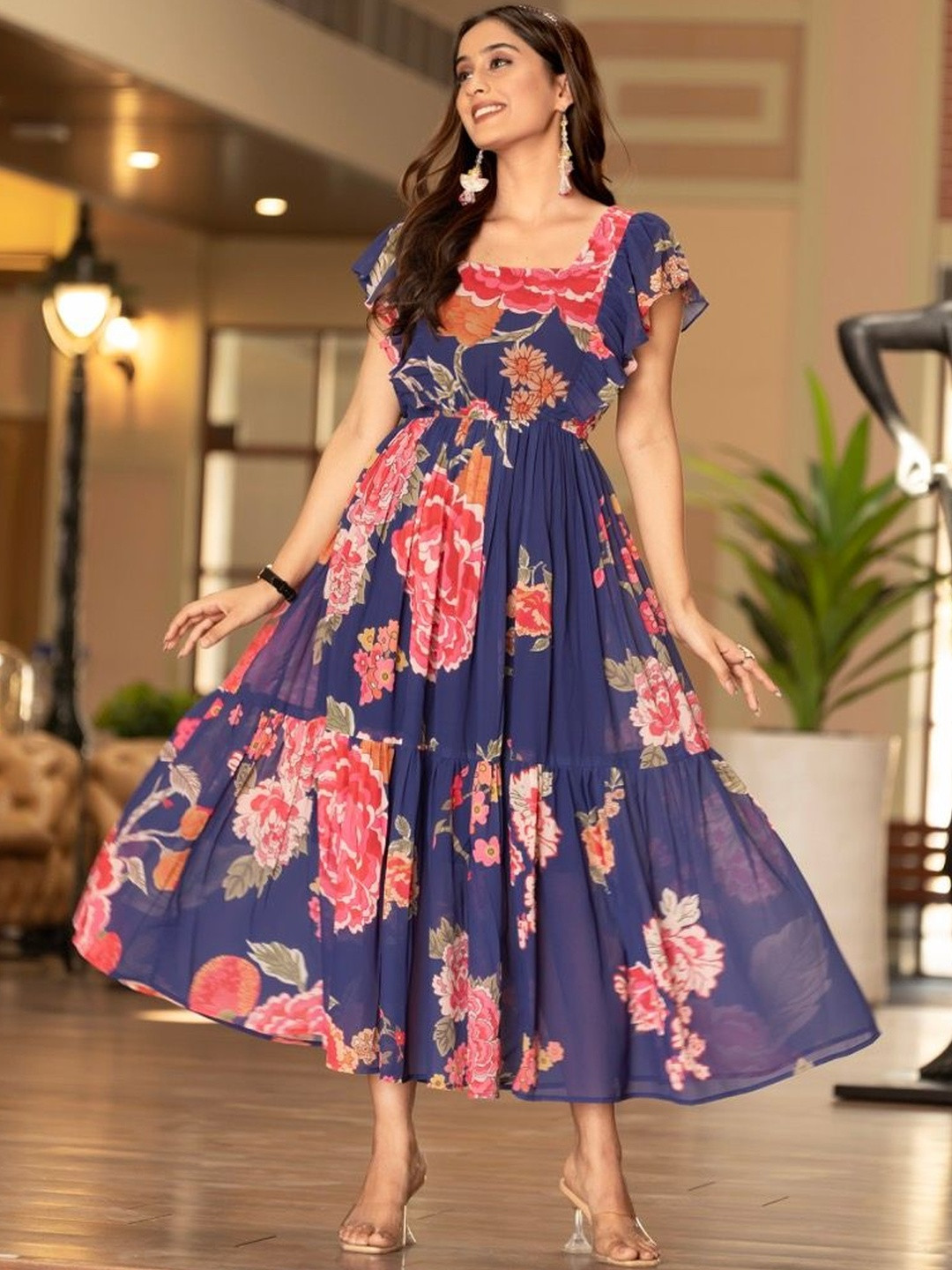 MASAKALI Floral Print Flutter Sleeve Georgette Fit & Flare Midi Dress