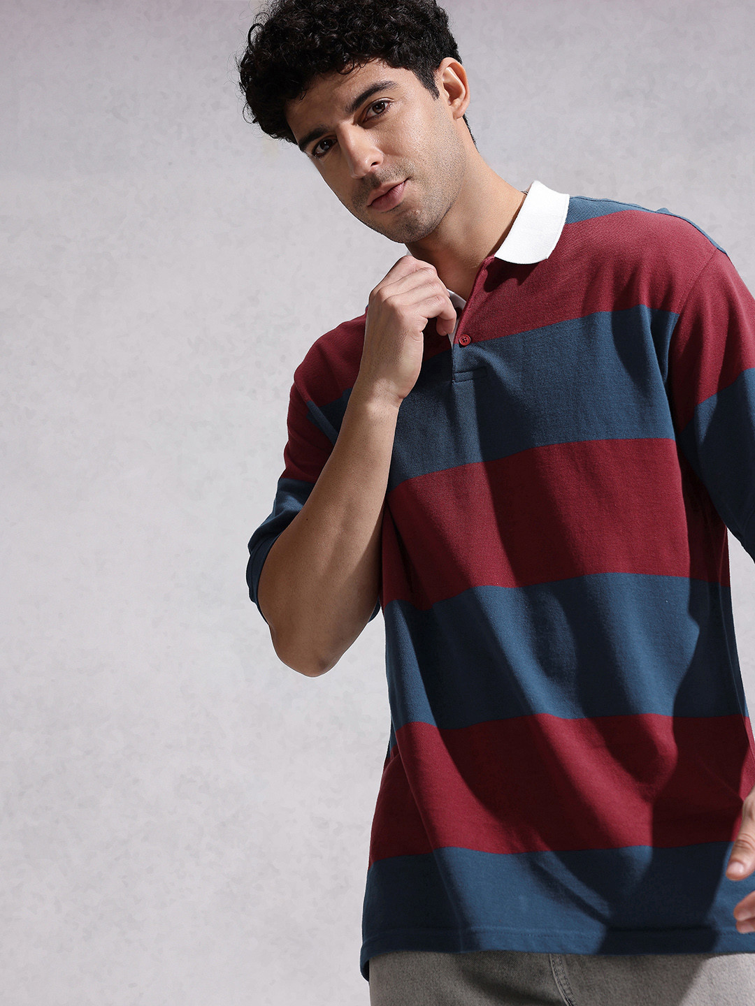 WROGN Striped Polo Collar Drop-Shoulder Sleeves Pure Cotton Oversized T-shirt