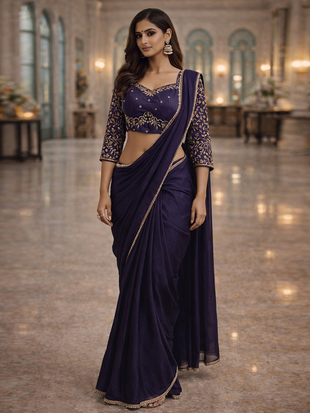 NANCY DESIGNER Embellished Embroidered Silk Blend Heavy Work Saree