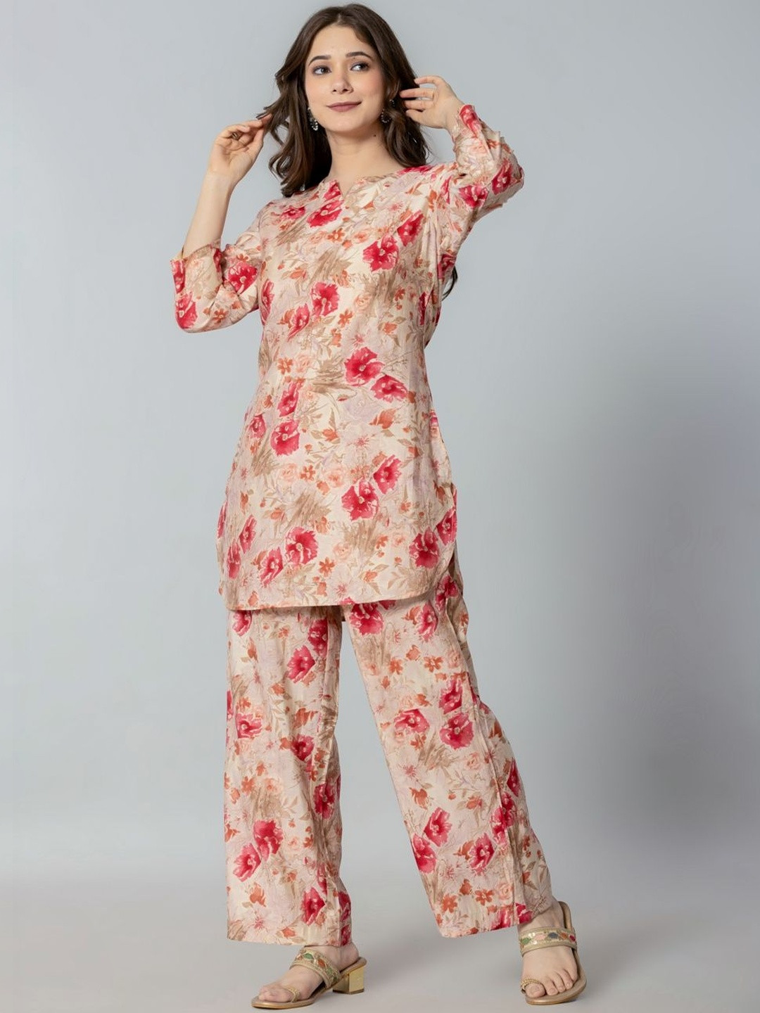 Aradhika Floral Printed Notch Neck Cotton Tunic With Palazzos
