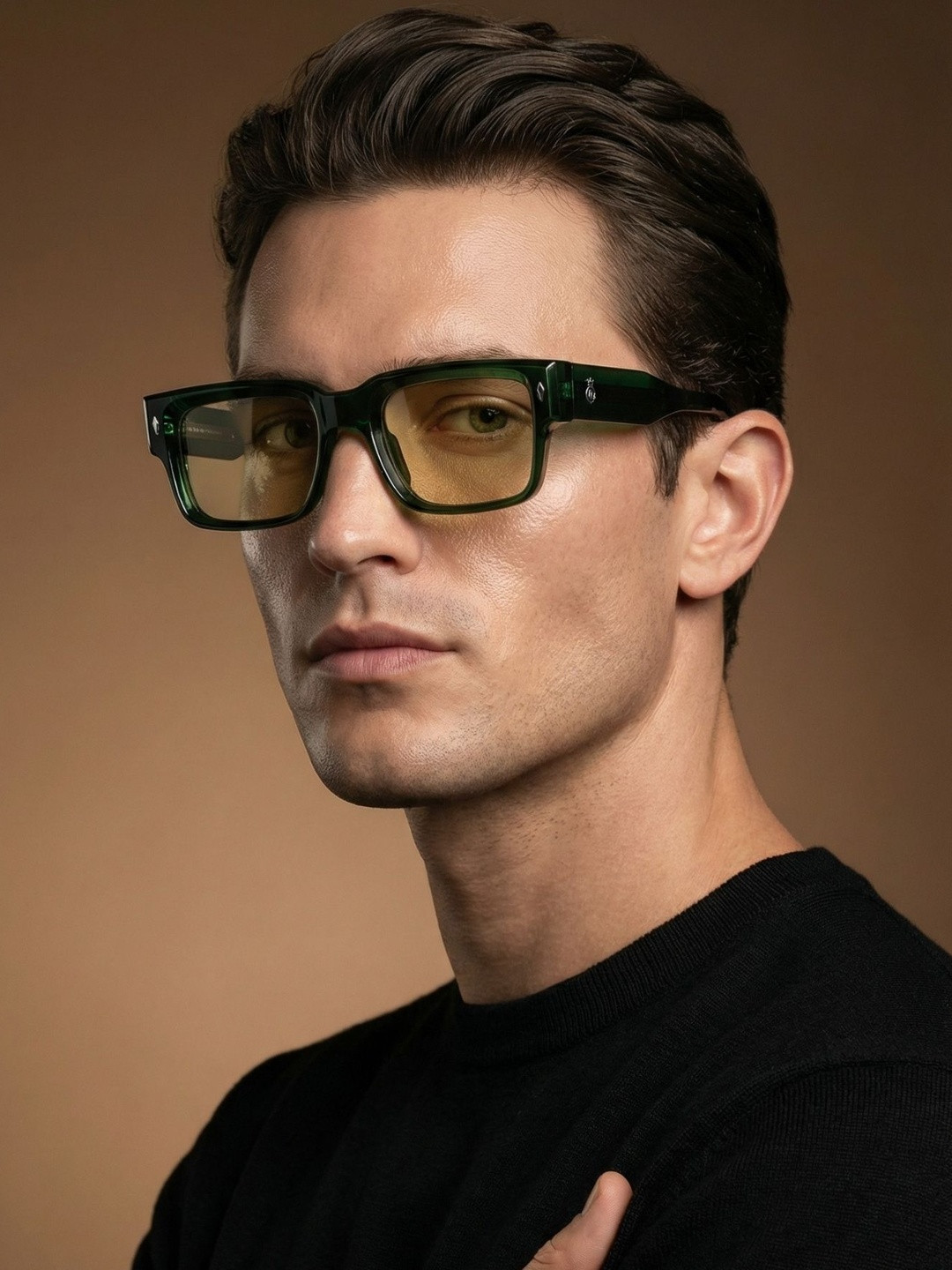 CROWNCHI Men Yellow Lens & Green Square Sunglasses with
