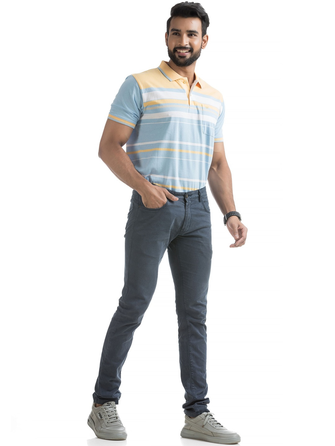 VITAL Men Striped Polo Collar Pockets T-shirt