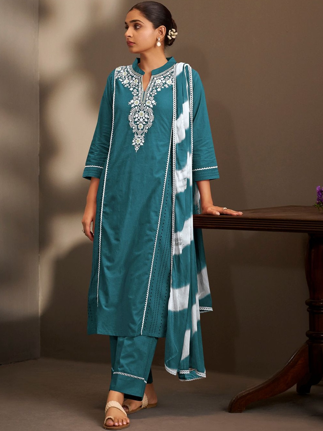 Anouk Rama Pure Cotton Schiffli Embroidered Straight Kurta Set