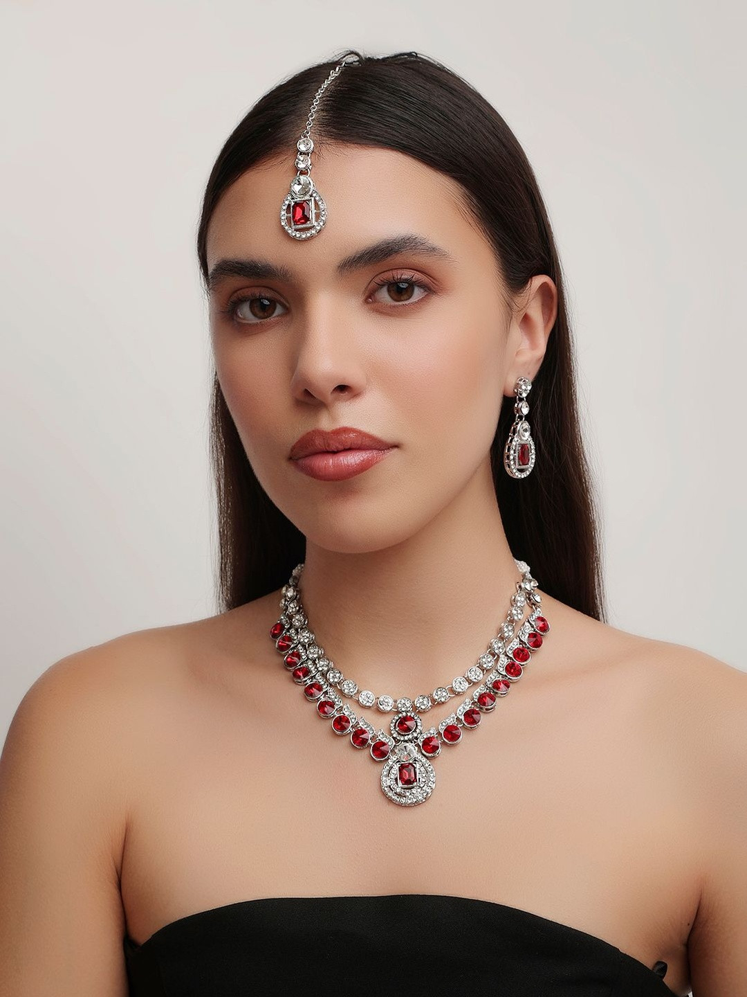 QUEENS NECK Silver-Plated Crystals Maang Tika and Earrings