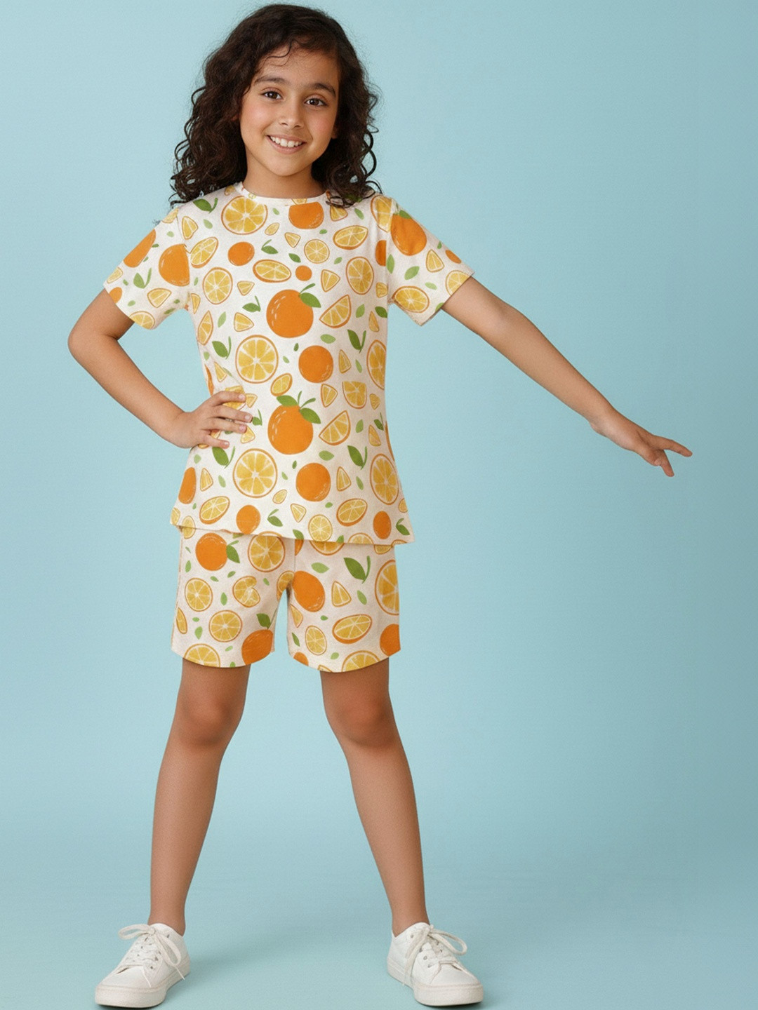FEBVIBE Girls Printed Round Neck T-shirt with Shorts