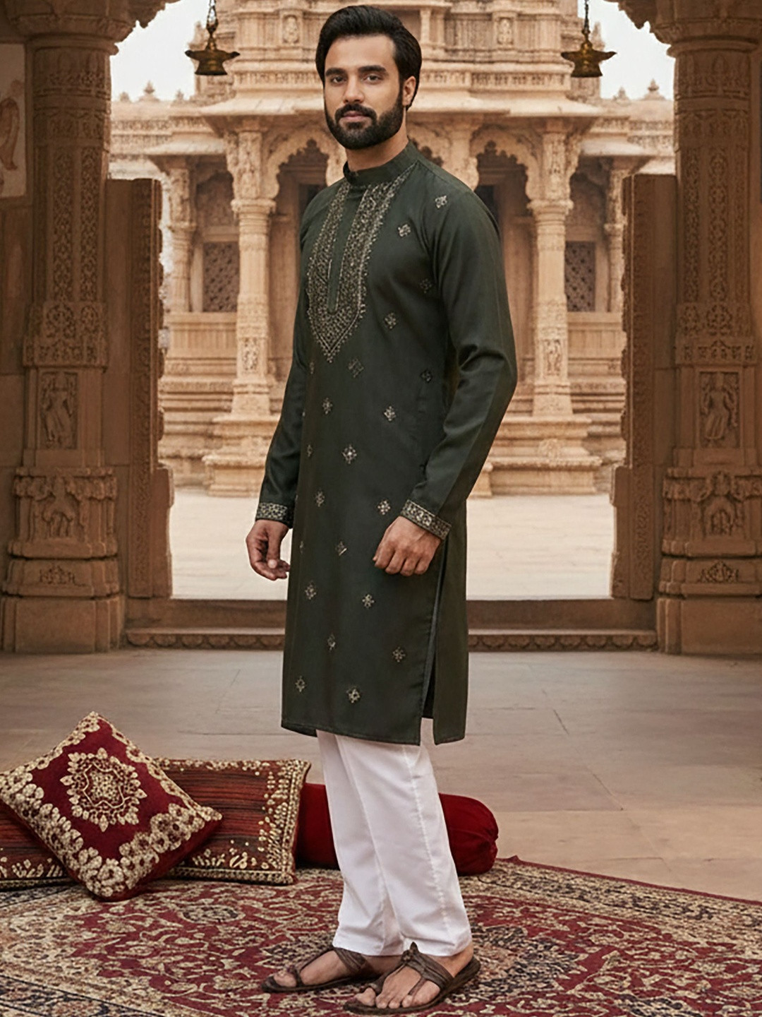 RANGRAAG Men Printed Flared Sleeves Thread Work Kurta
