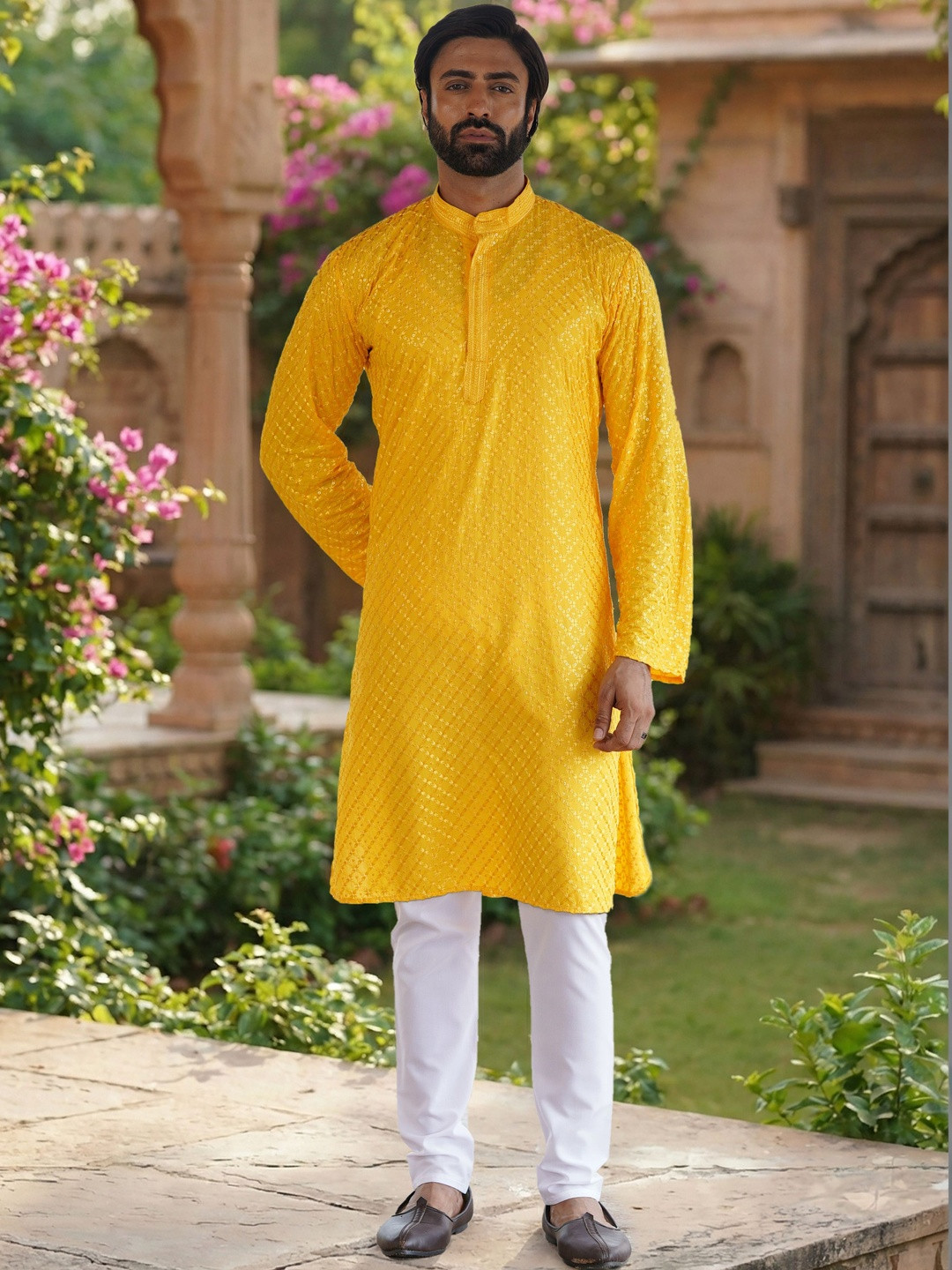 RANGRAAG Men Floral Flared Sleeves Kurta