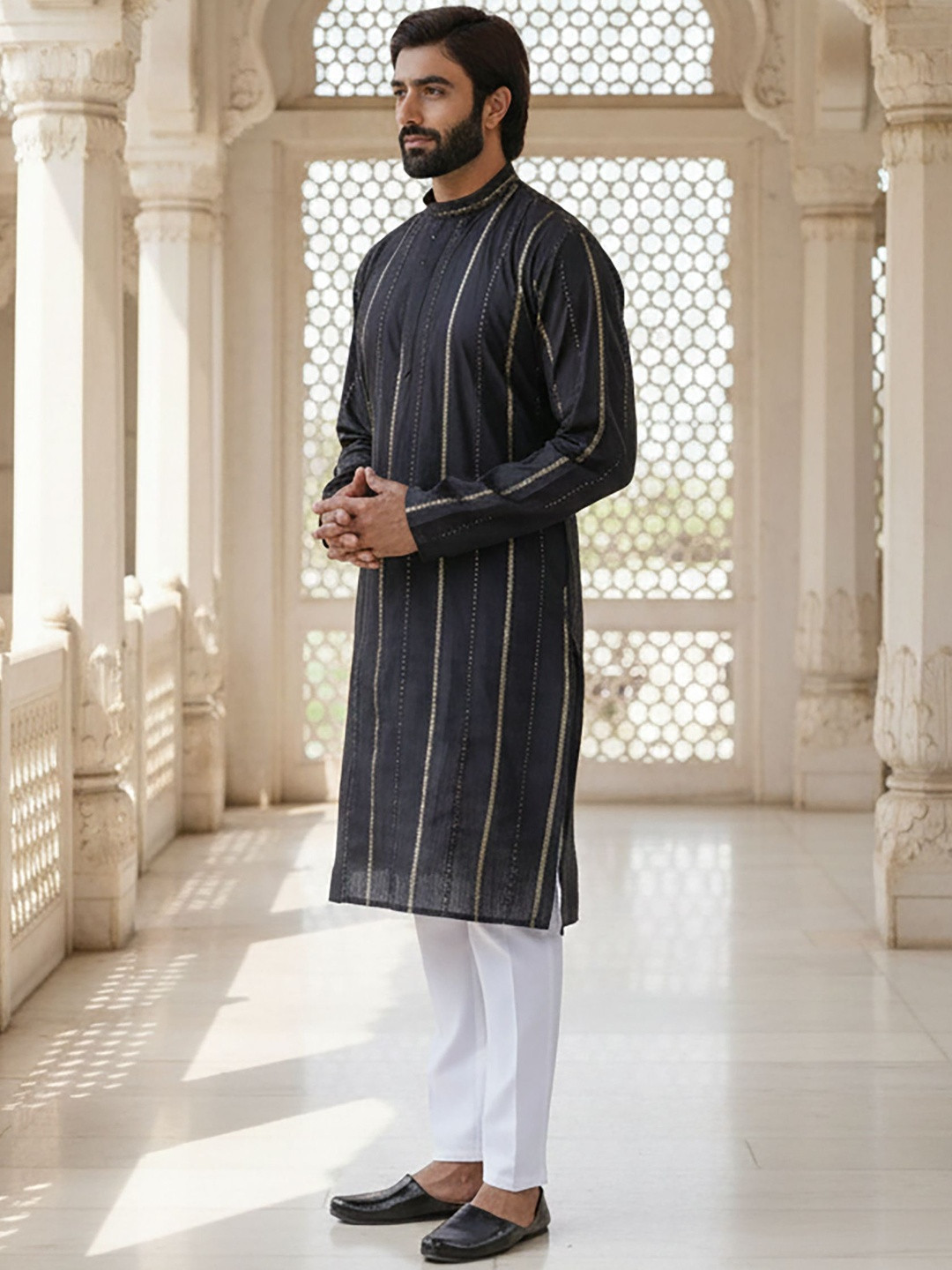 RANGRAAG Men Striped Keyhole Neck Flared Sleeves Thread Work Kurta
