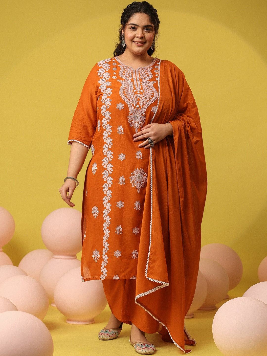 SCAKHI Embroidered Chikankari Straight Kurta Trouser Set With Dupatta