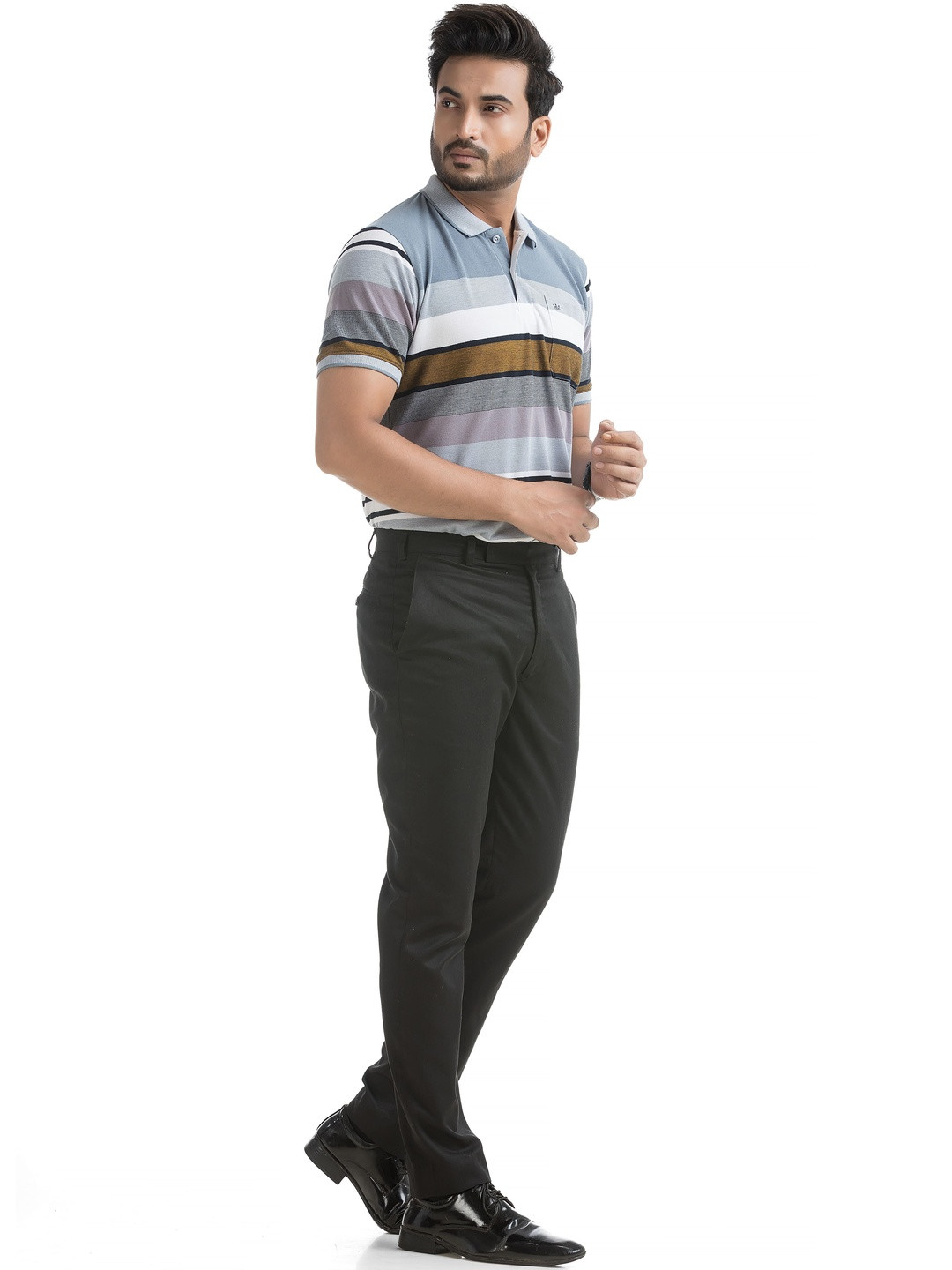 VITAL Men Striped Polo Collar Pockets T-shirt