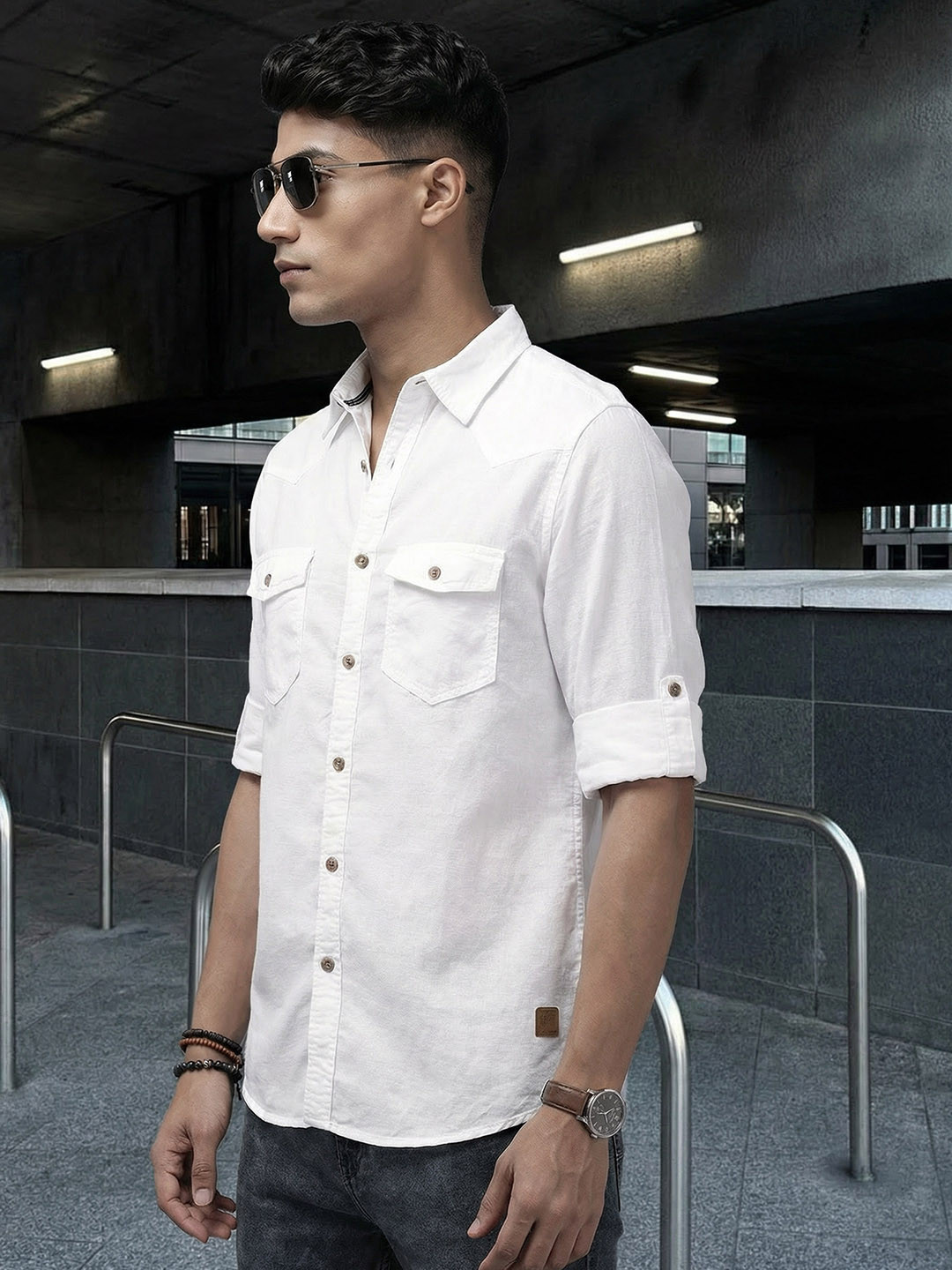 Roadster Men White Solid Regular Fit Cotton Linen Casual Shirt