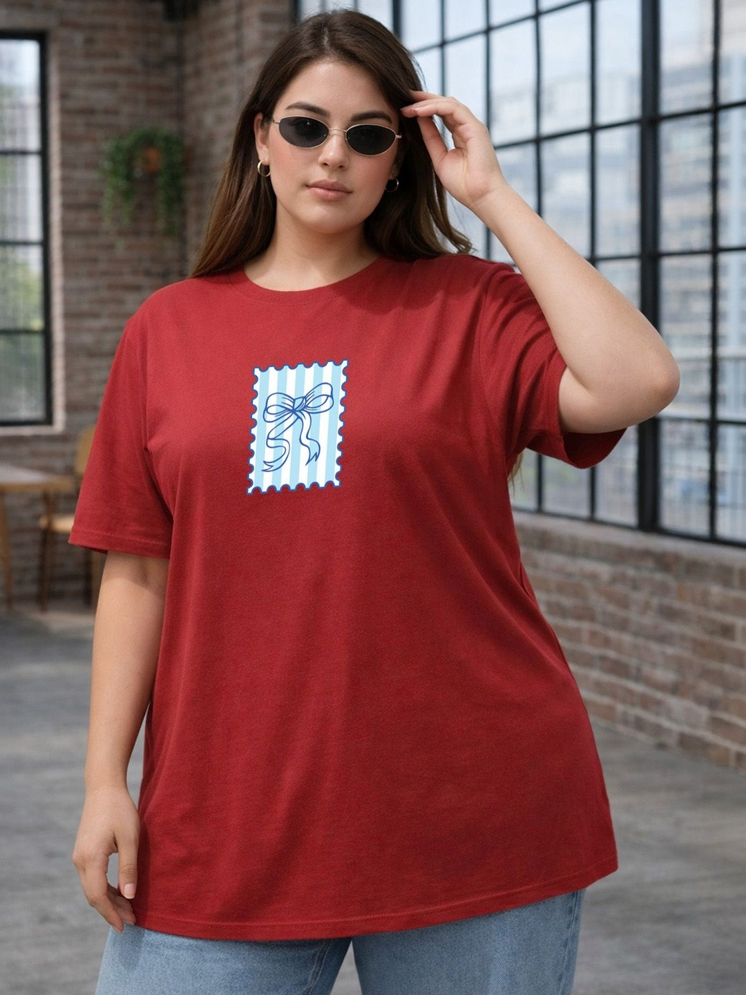 JUNEBERRY Women Red Printed Relaxed Fit Pure Cotton Oversized Plus Size T-shirt