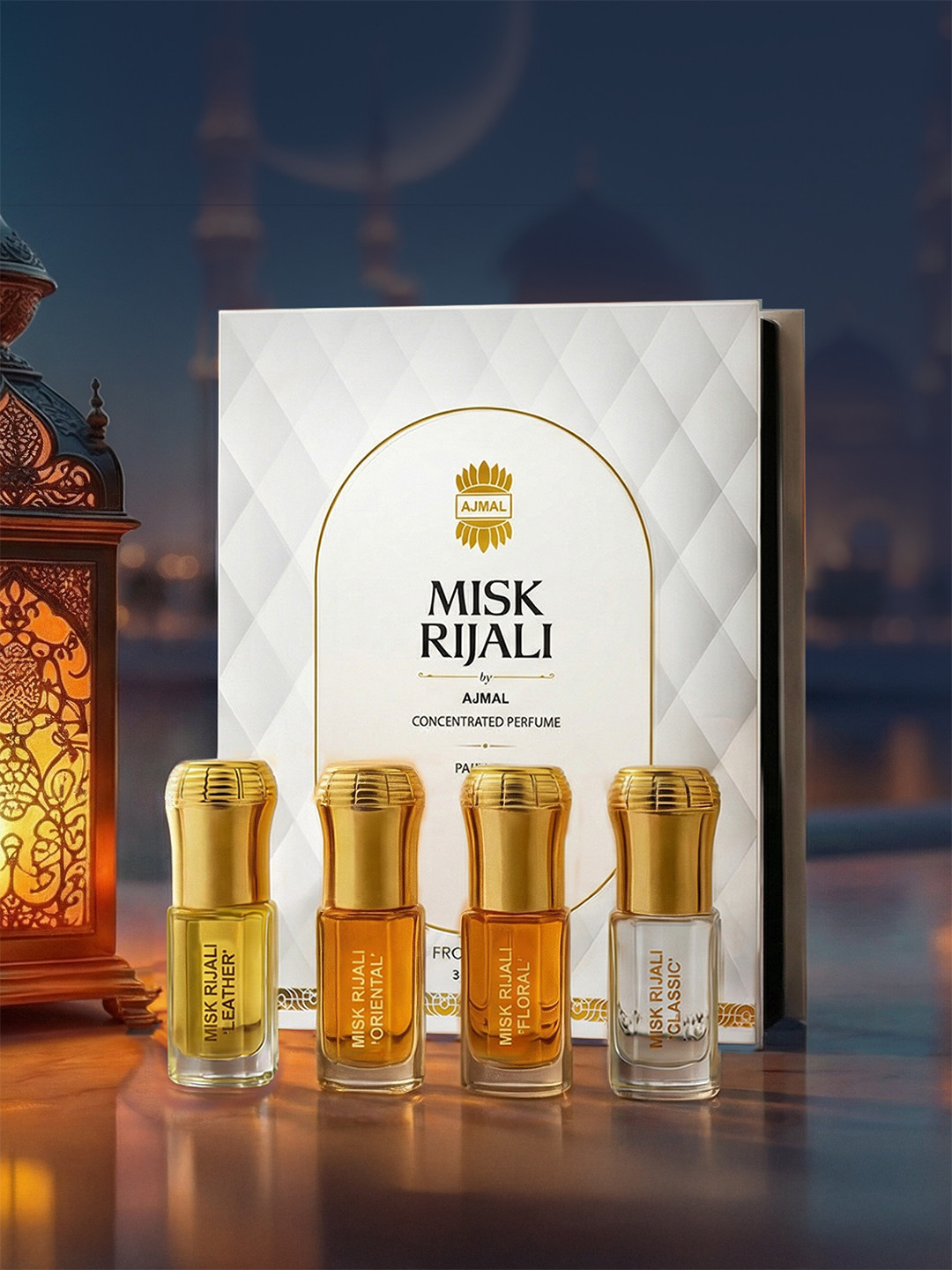 Ajmal Set Of 4 Misk Rijali Leather- Oriental- Floral- Classic Attar - 3 ml Each