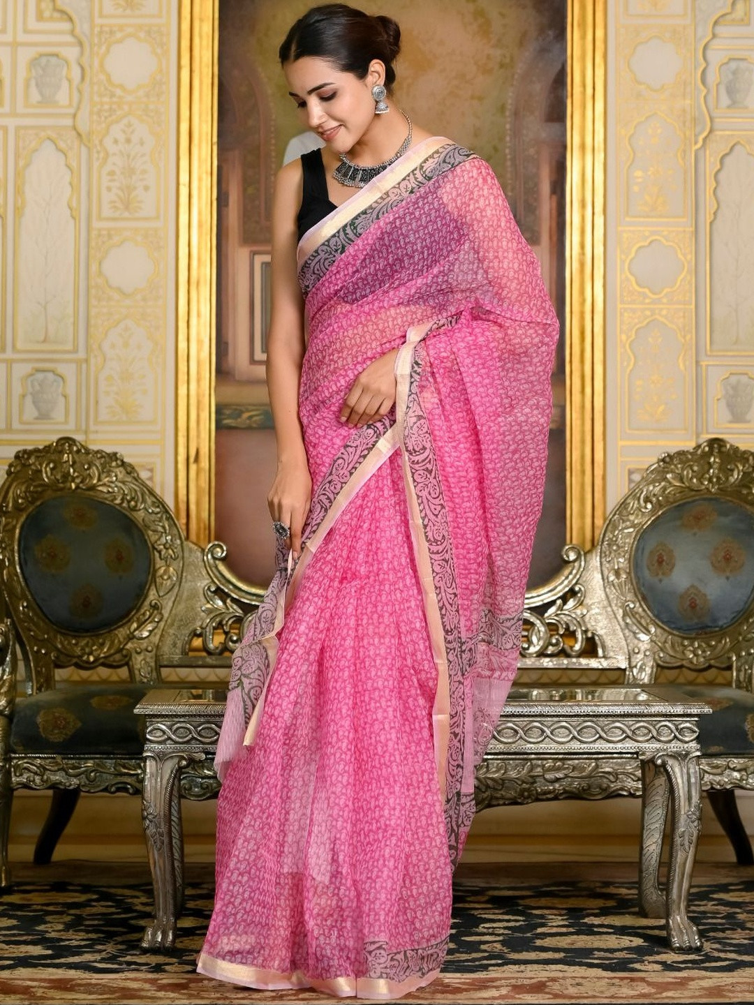 Doria Lifestyle Pink Kota Doria Block Print Saree