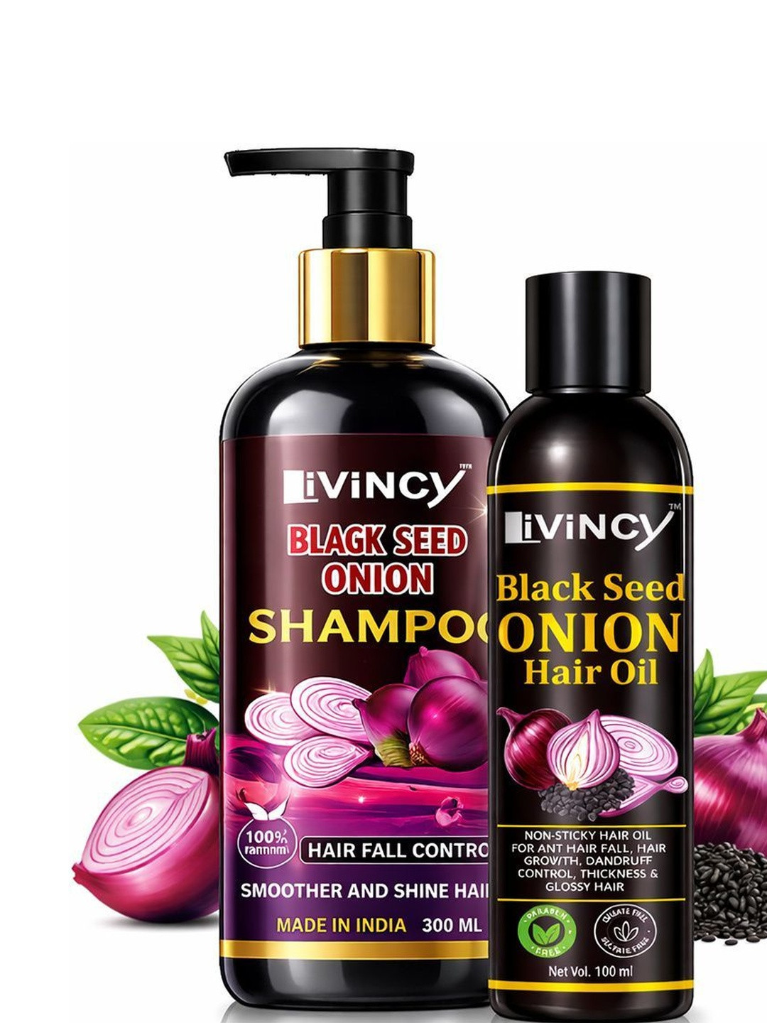 LIVINCY Set Of 2 Black Seed Onion Shampoo - 300 ml & Hair Oil - 100 ml