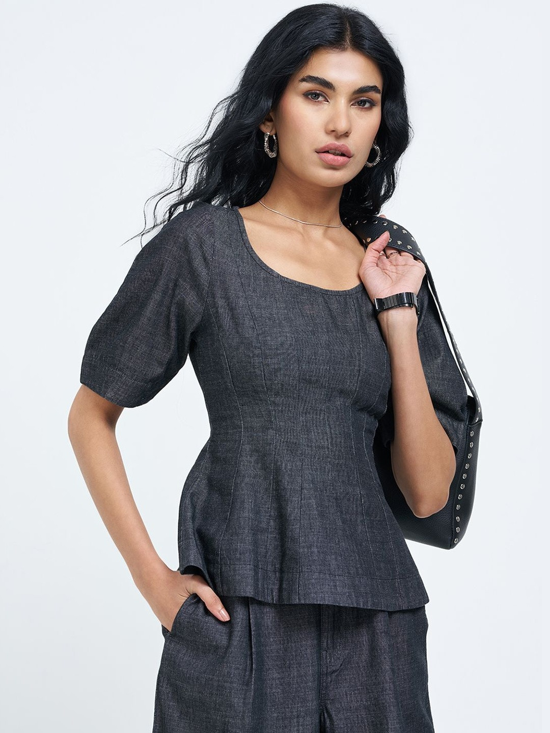 SF JEANS by Pantaloons Puff Sleeve Cotton Peplum Top