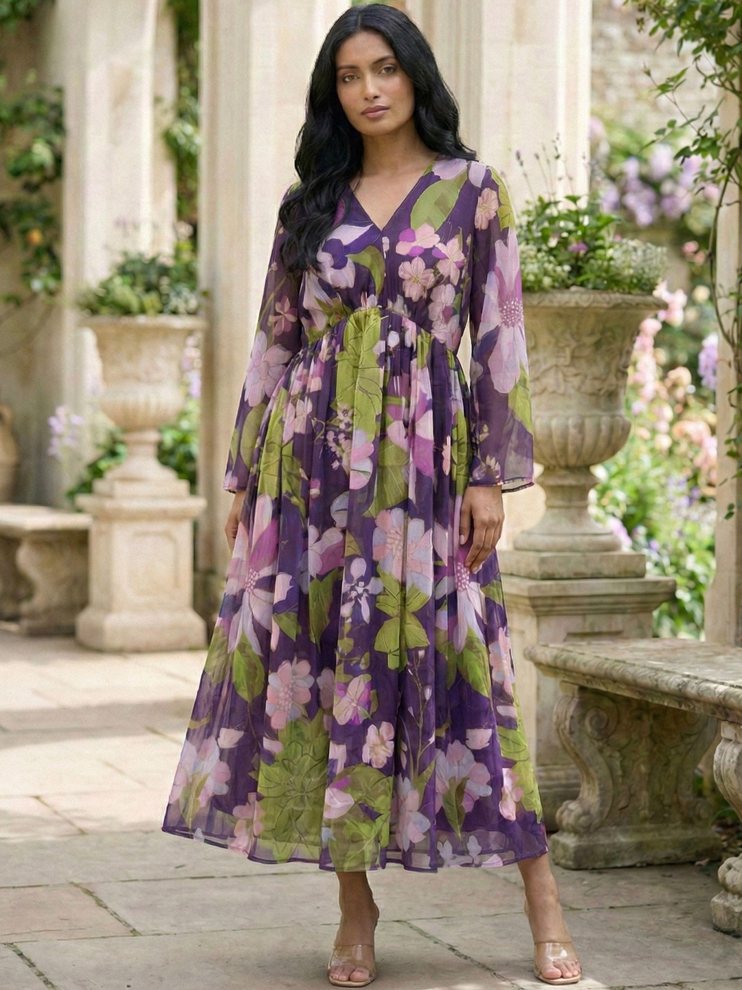 MASAKALI Floral Print Georgette Fit & Flare Maxi Dress