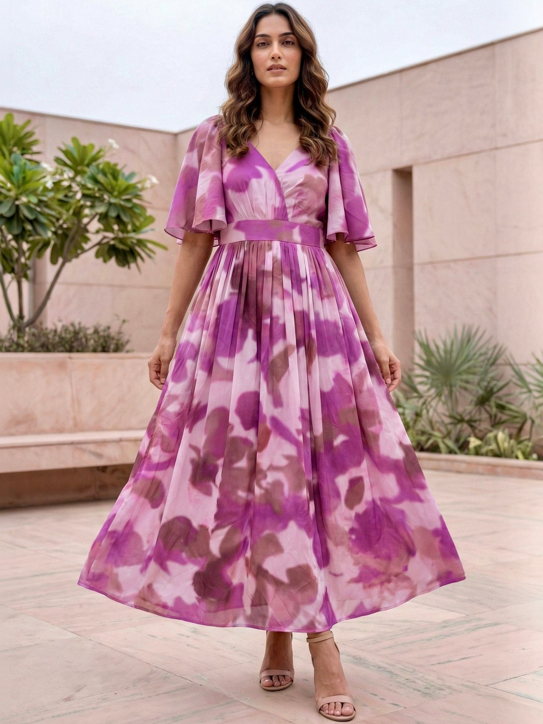 MASAKALI Tie and Dye Print Flared Sleeve Georgette Fit & Flare Midi Dress