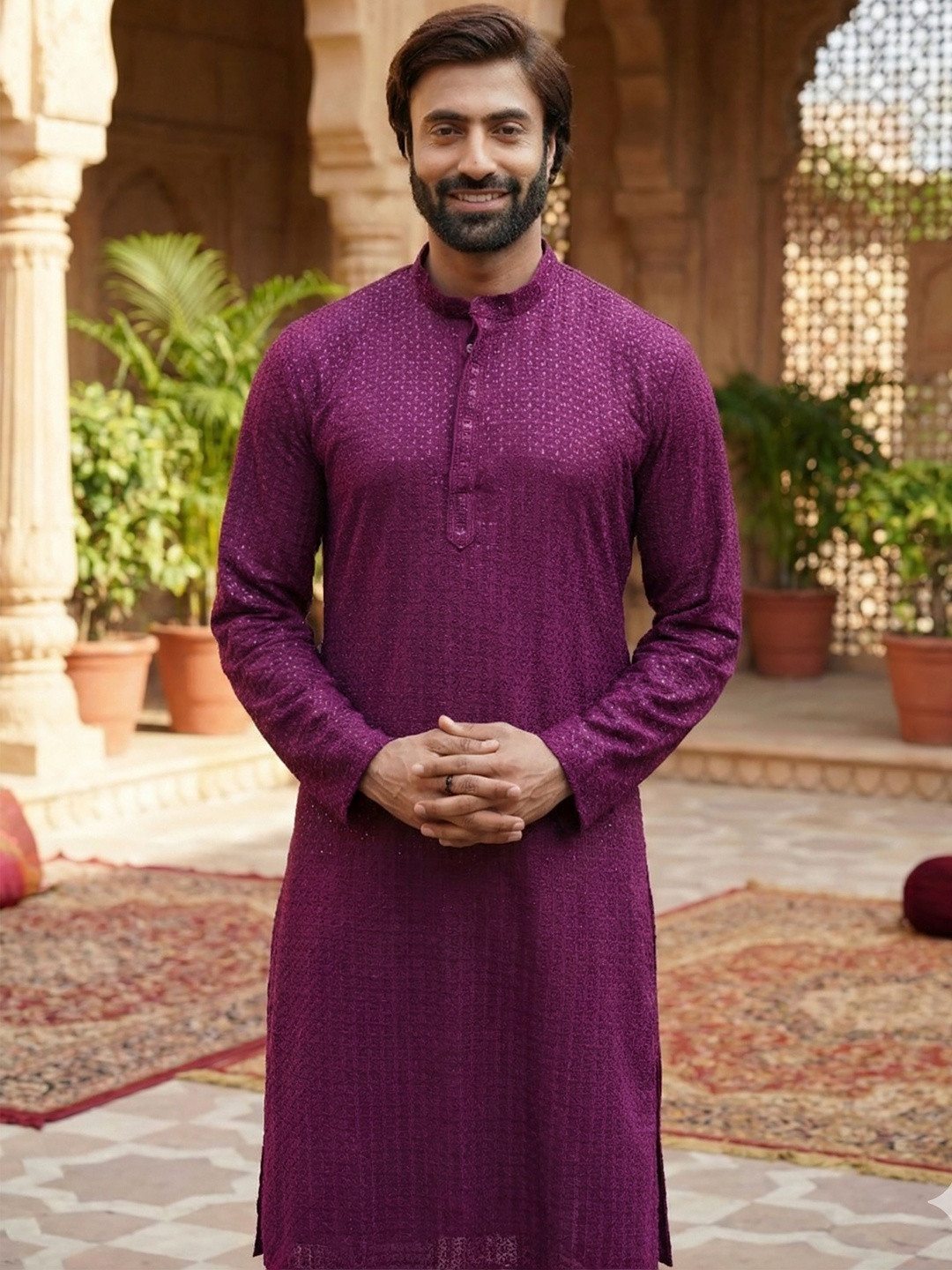 RANGRAAG Men Floral Cold-Shoulder Sleeves Kurta