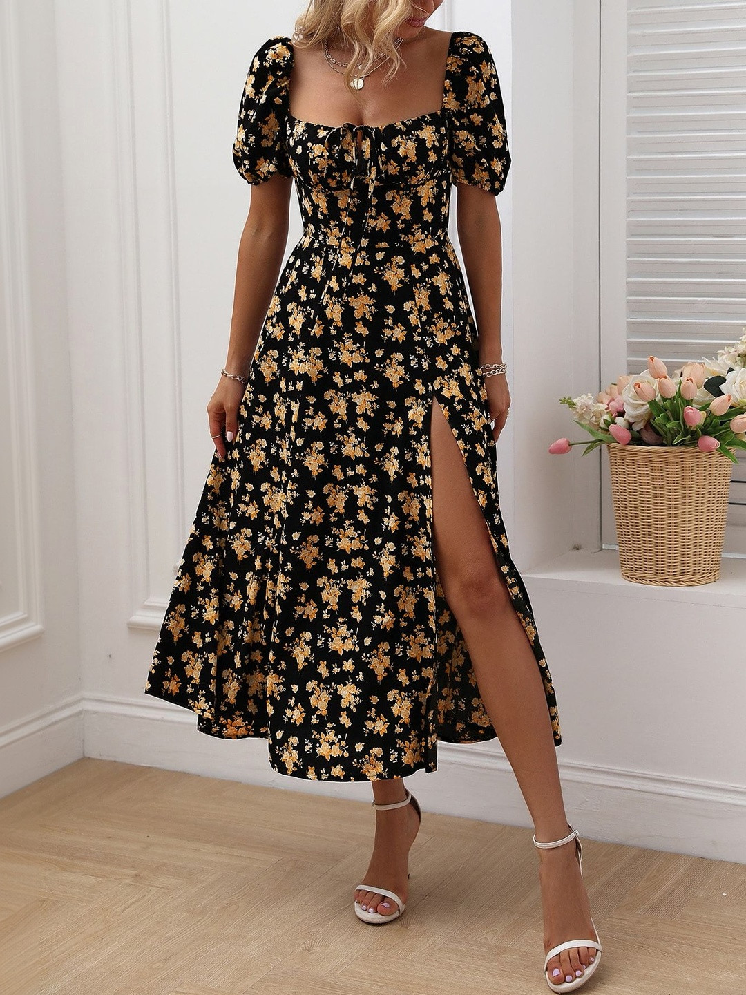 MULVARI Floral Print Puff Sleeve Fit & Flare Midi Dress