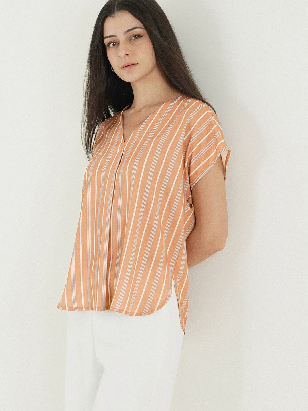 FABLE STREET Vertical Striped V-Neck Extended Sleeves Top