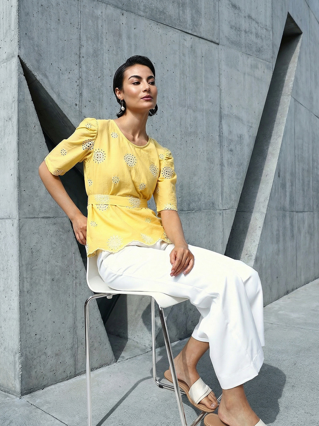 Ishin Embroidered Puff Sleeve Cotton Top