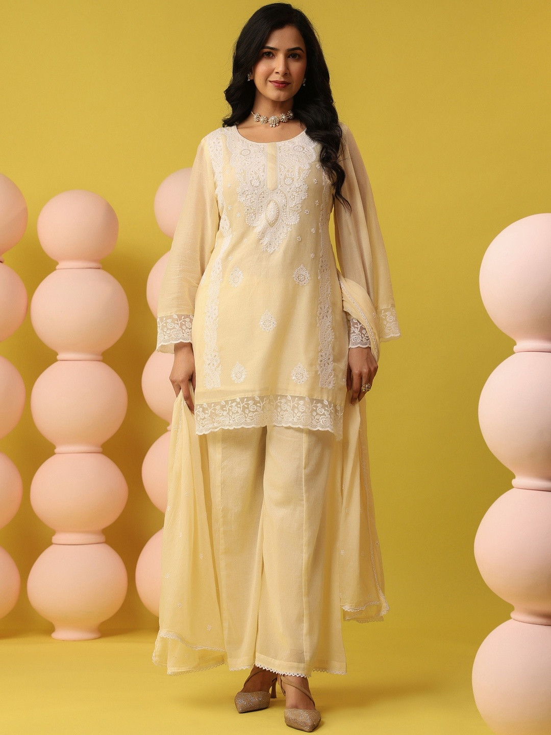 SCAKHI Embroidered Regular Chikankari Pure Cotton Kurta with Palazzos & Dupatta