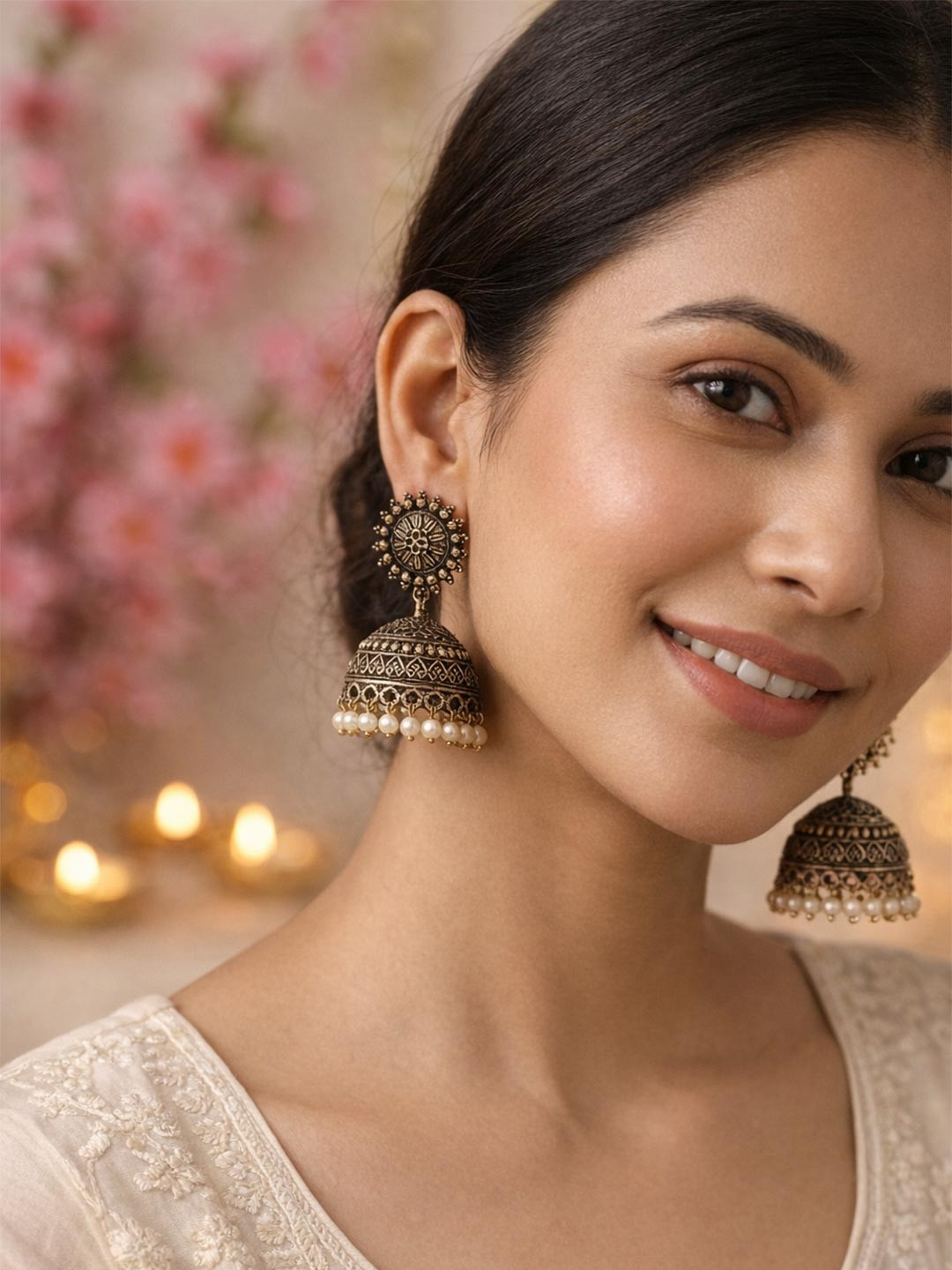 JEWELOPIA Gold-Plated Dome Shaped Oxidised Jhumkas