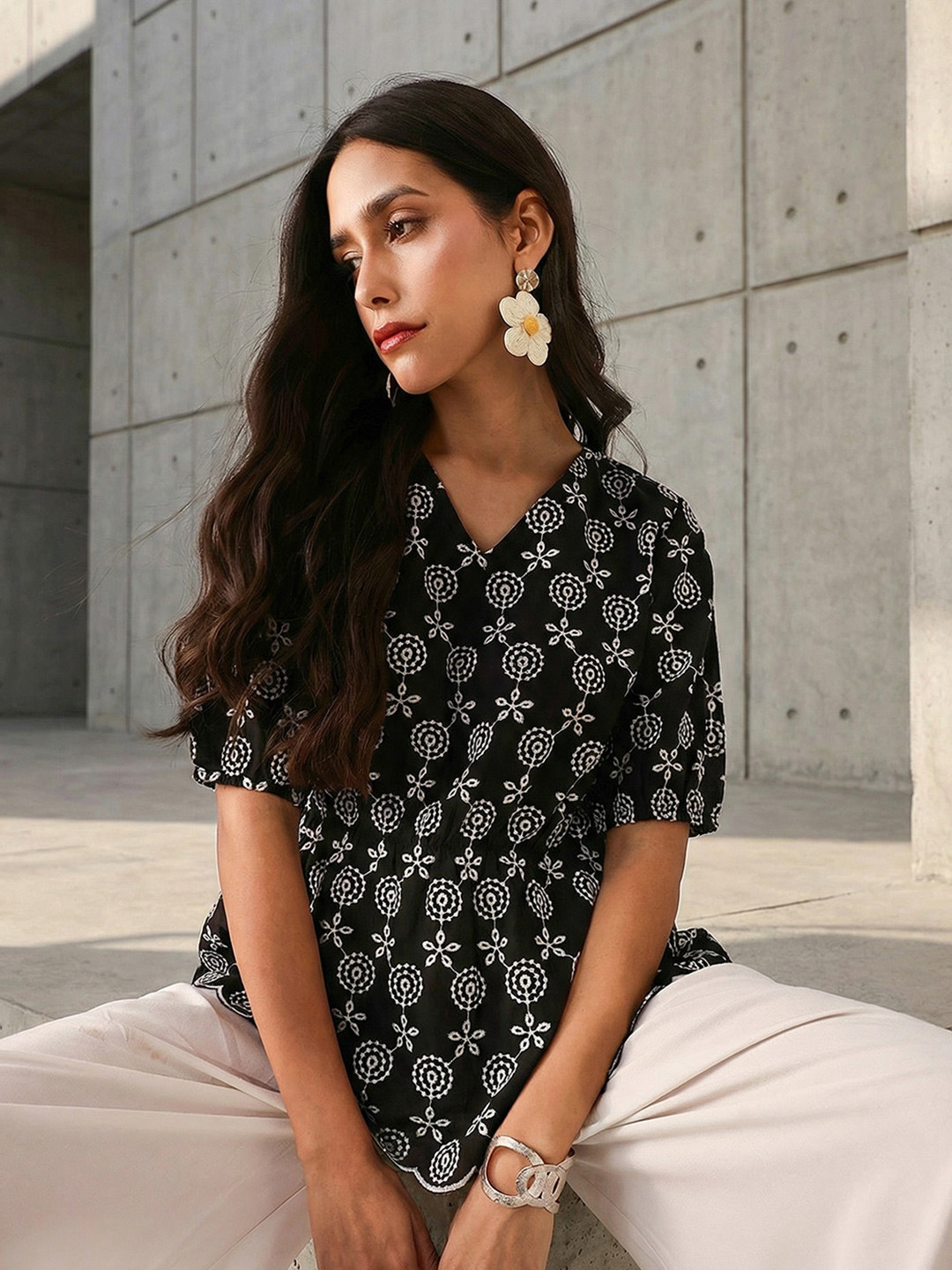 Ishin Women V-Neck Embroidered Cotton Top