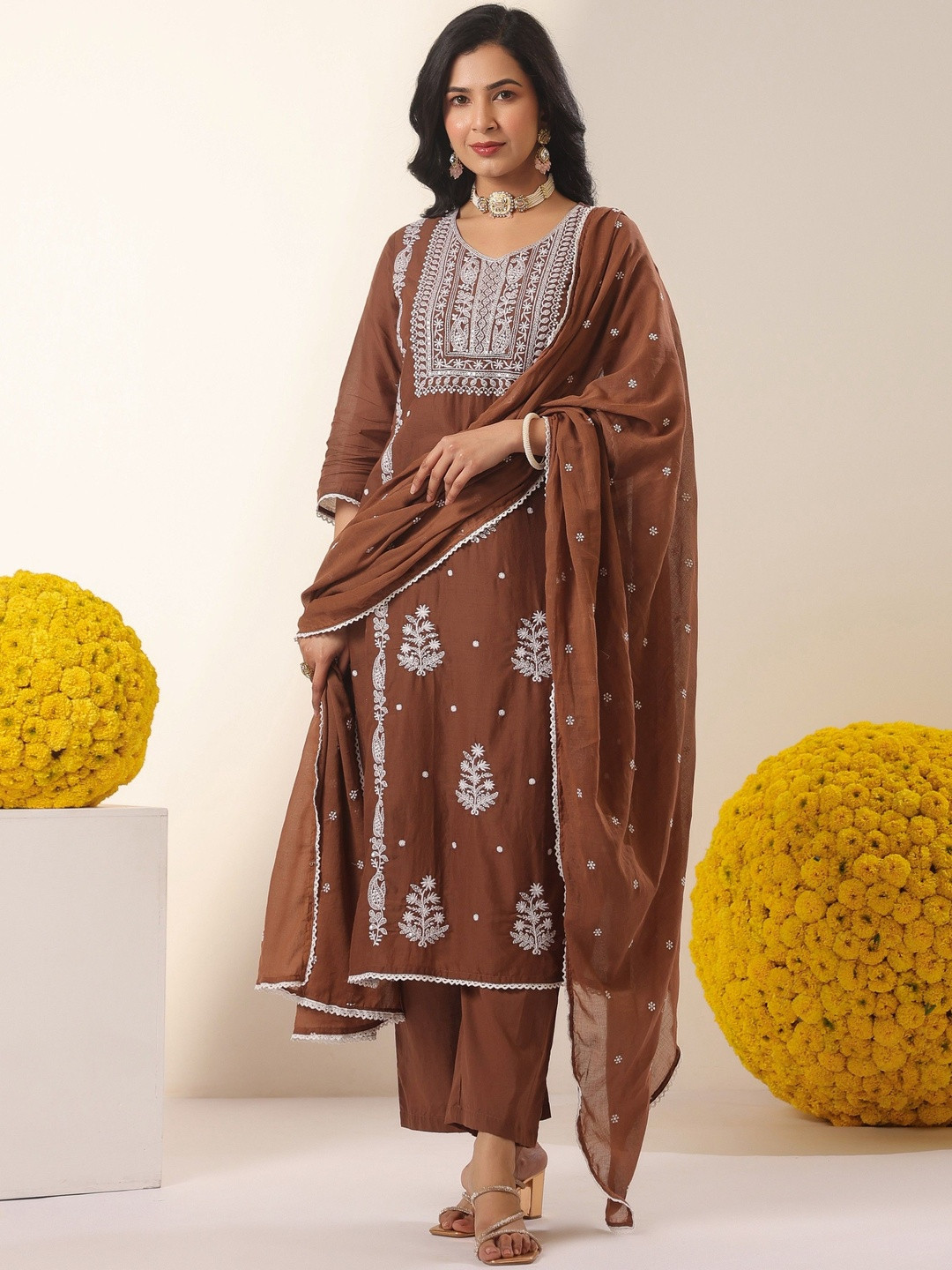 SCAKHI Embroidered Chikankari Straight Kurta Trouser Set With Dupatta