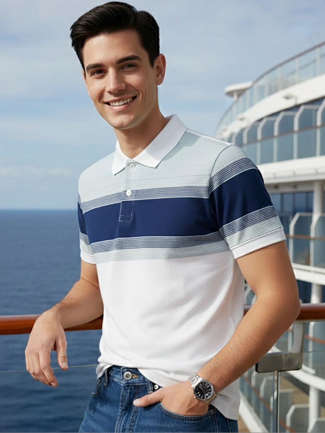 SZN Men Striped Polo Collar T-shirt