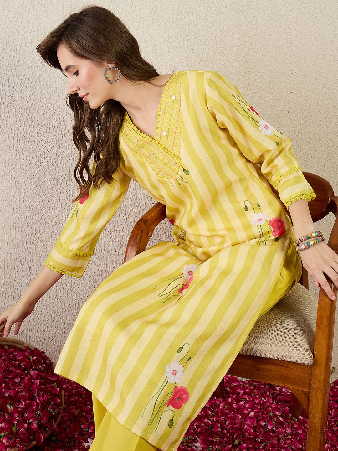 Indo Era Printed V Neck Top With Trousers Co-Ords