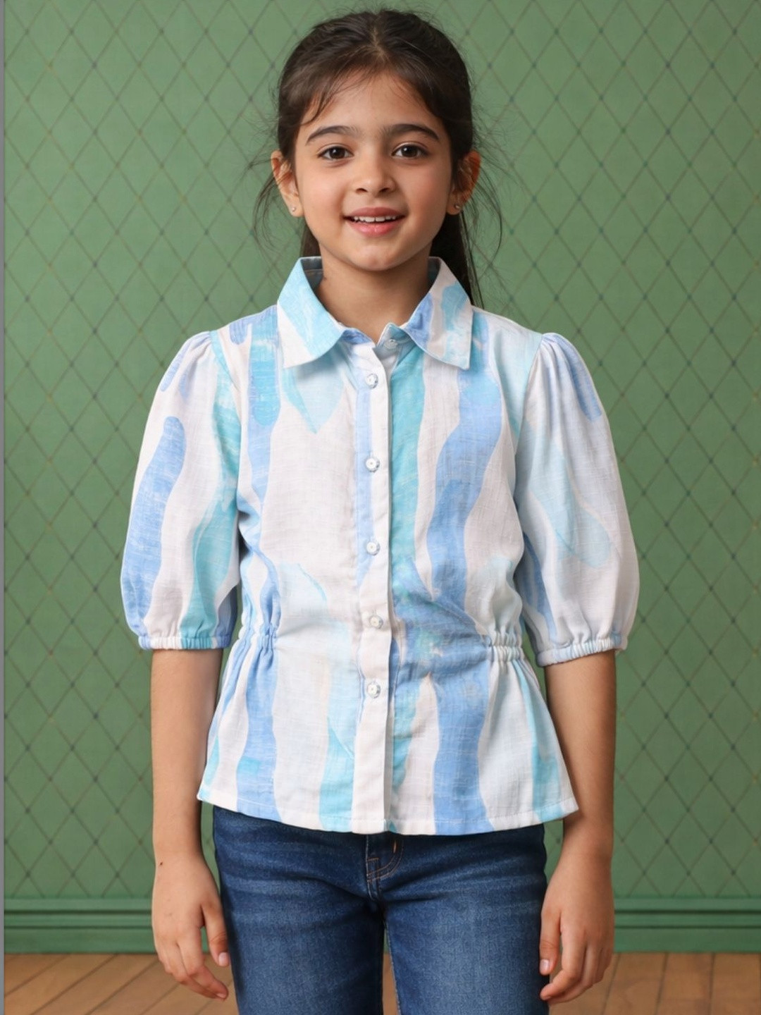 YK Striped Cotton Puff Sleeves Shirt Style Tops